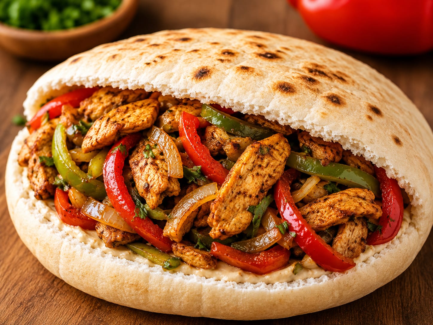 Chicken and peppers served in a warm pitta