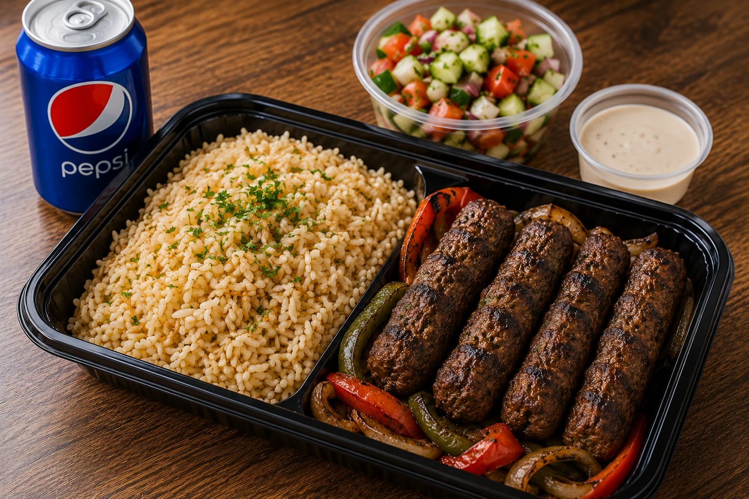 Kofta meal with rice, salad and sauce
